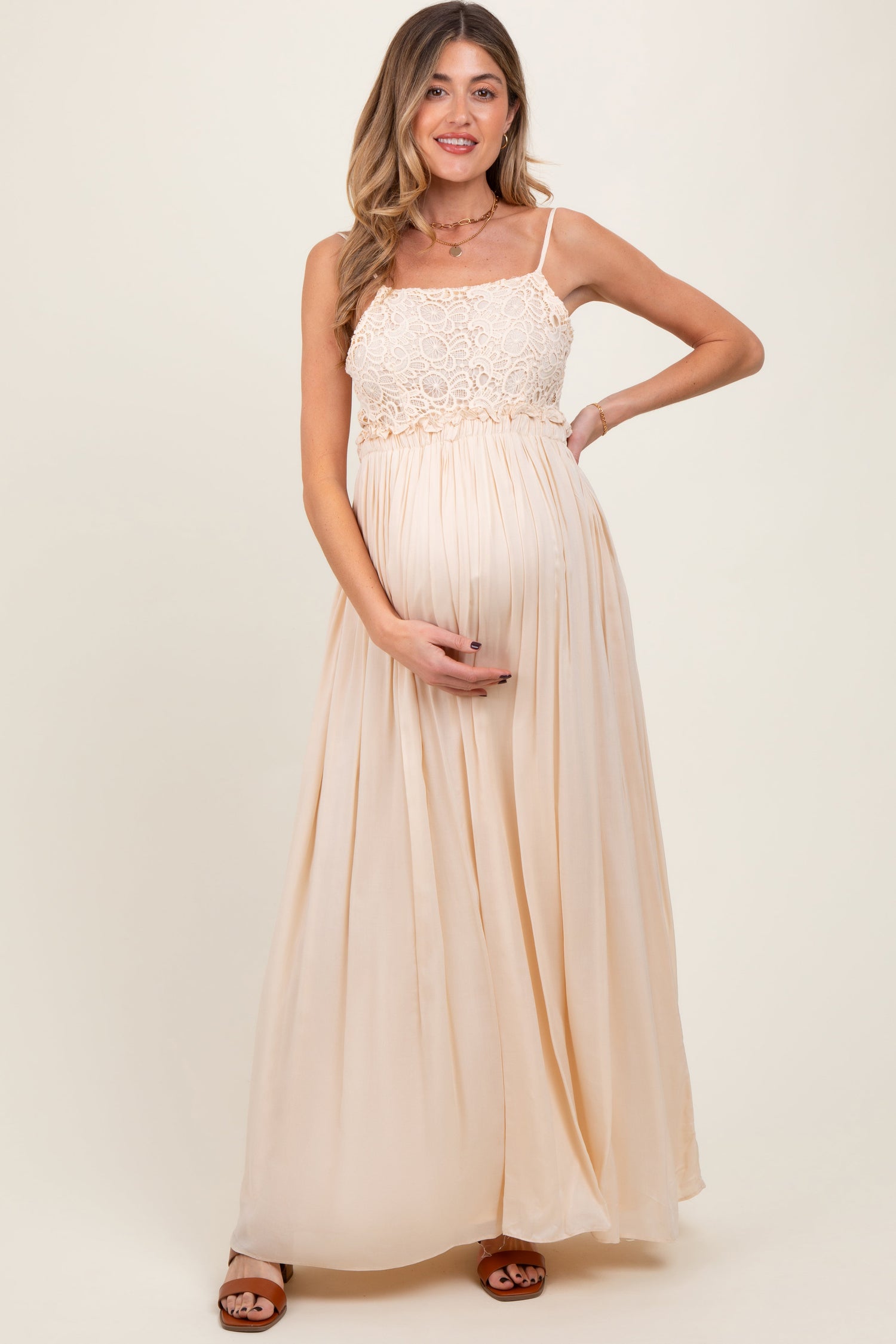 Beige Lace Bodice Cutout Tie Back Maternity Maxi Dress by PinkBlush at Everetts Place