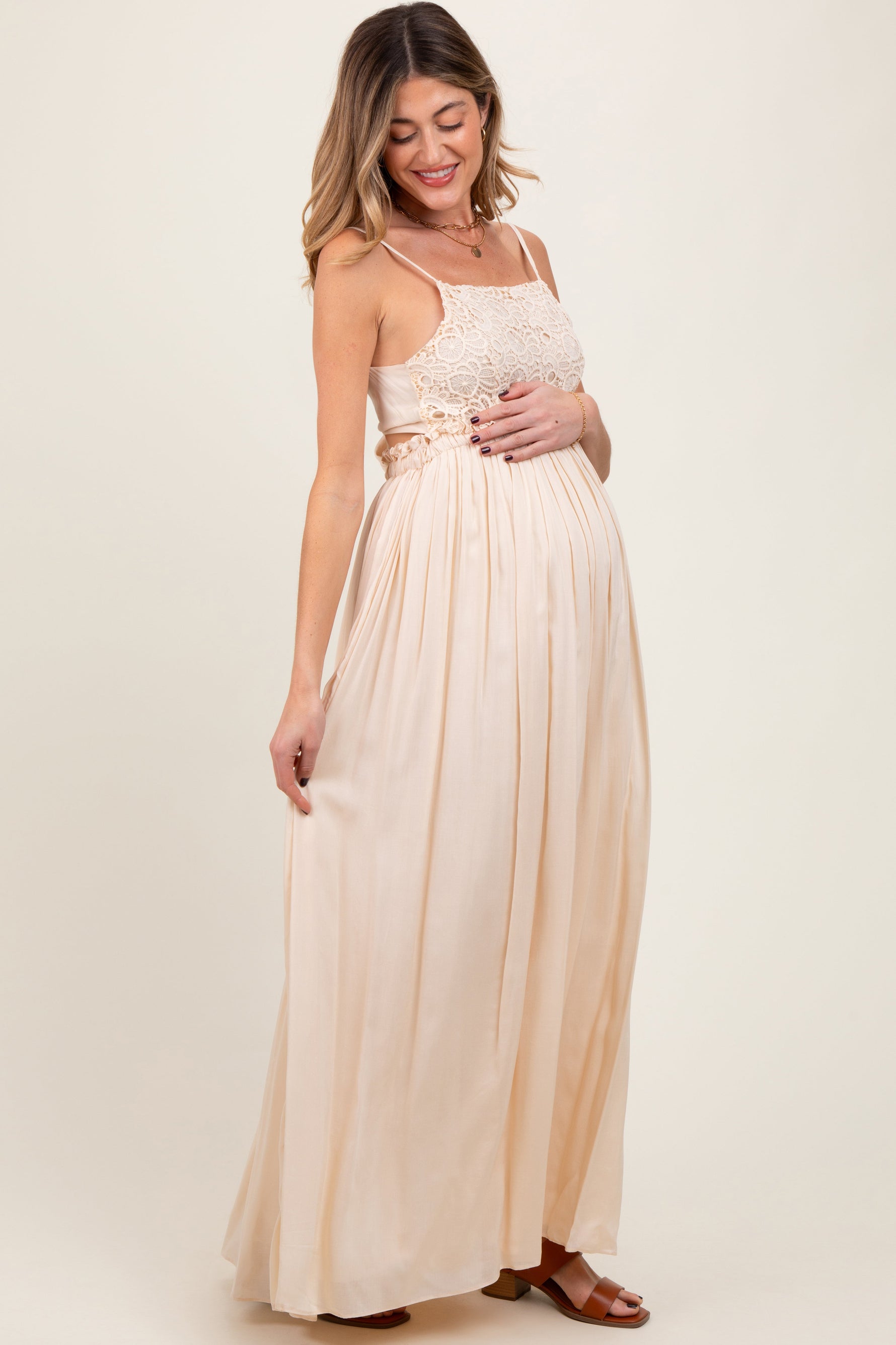 Beige Lace Bodice Cutout Tie Back Maternity Maxi Dress by PinkBlush at Everetts Place