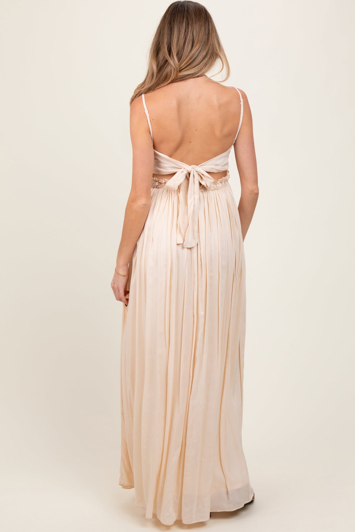 Beige Lace Bodice Cutout Tie Back Maternity Maxi Dress by PinkBlush at Everetts Place