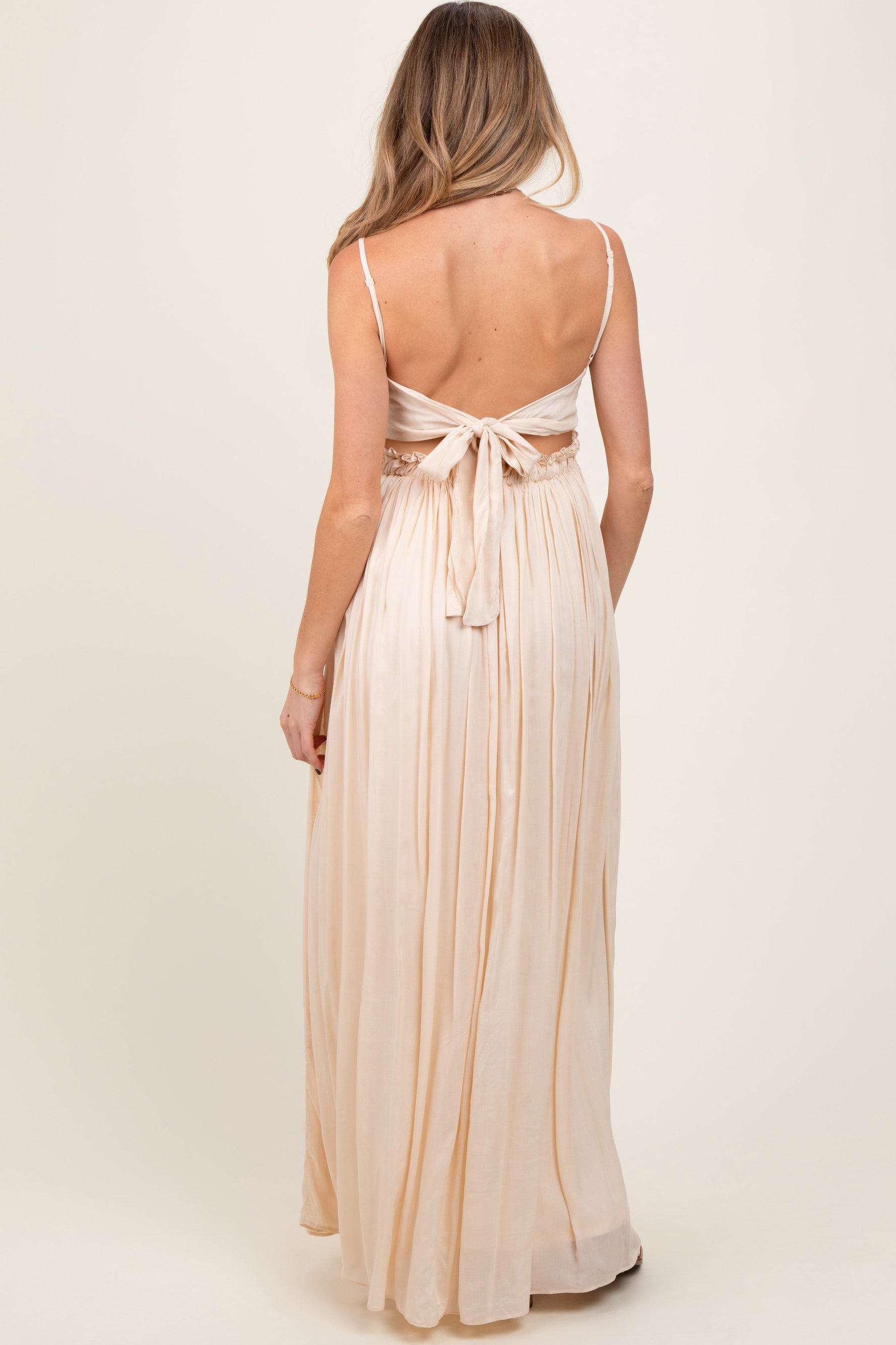 Beige Lace Bodice Cutout Tie Back Maternity Maxi Dress by PinkBlush at Everetts Place
