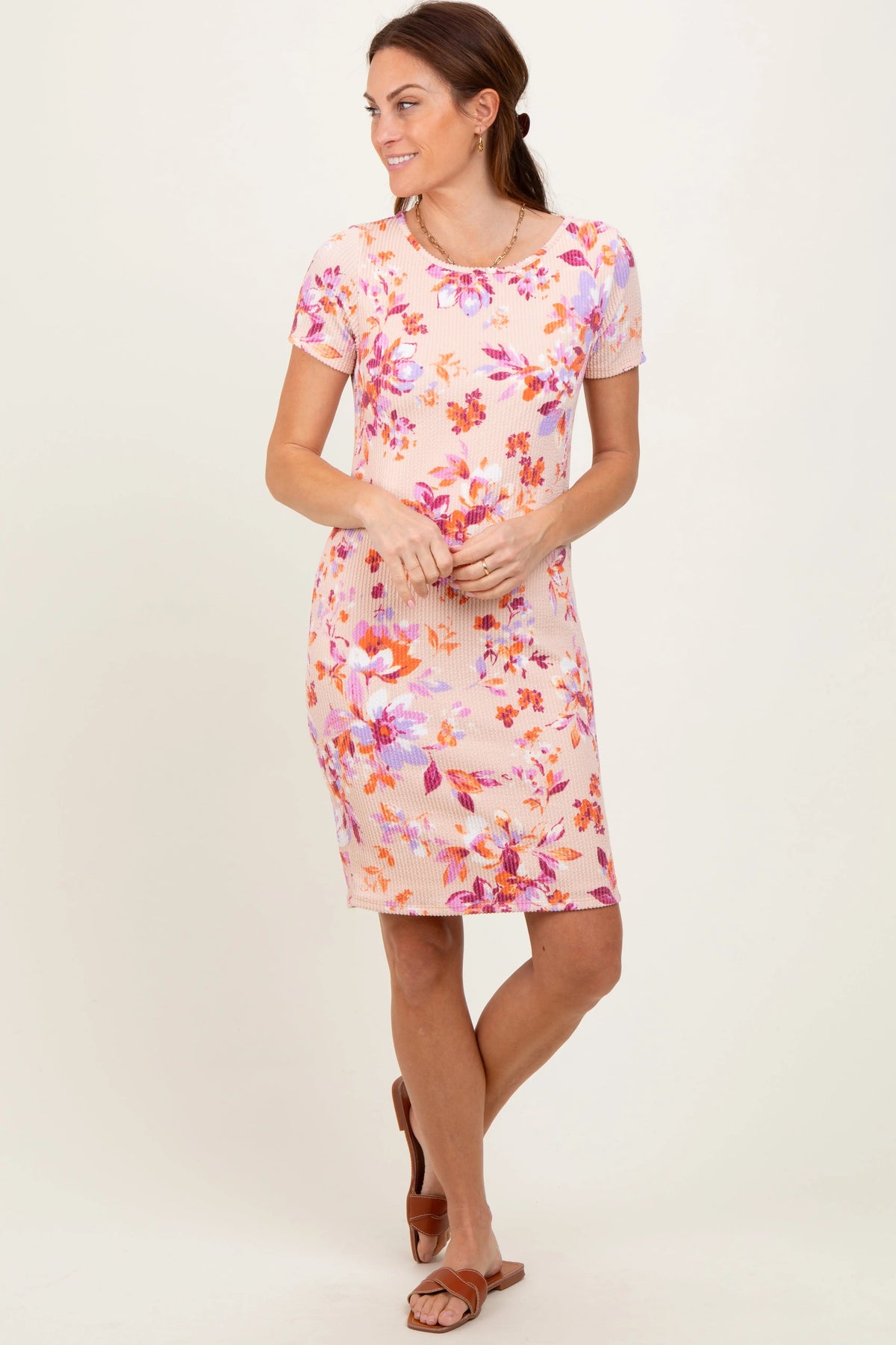 Peach Floral Short Sleeve Ruched Dress PinkBlush 