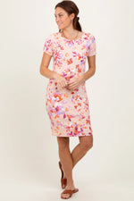 Peach Floral Short Sleeve Ruched Dress PinkBlush 