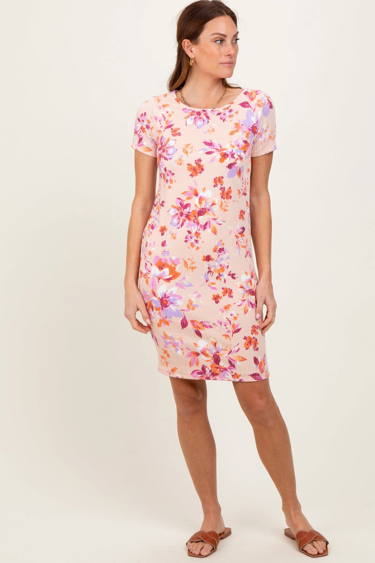PinkBlush Peach Floral Short Sleeve Ruched Dress for Casual Summer Elegance - Apparel & Accessories > Clothing > Dresses