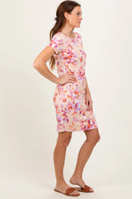 PinkBlush Peach Floral Short Sleeve Ruched Dress for Casual Summer Elegance - Apparel & Accessories > Clothing > Dresses