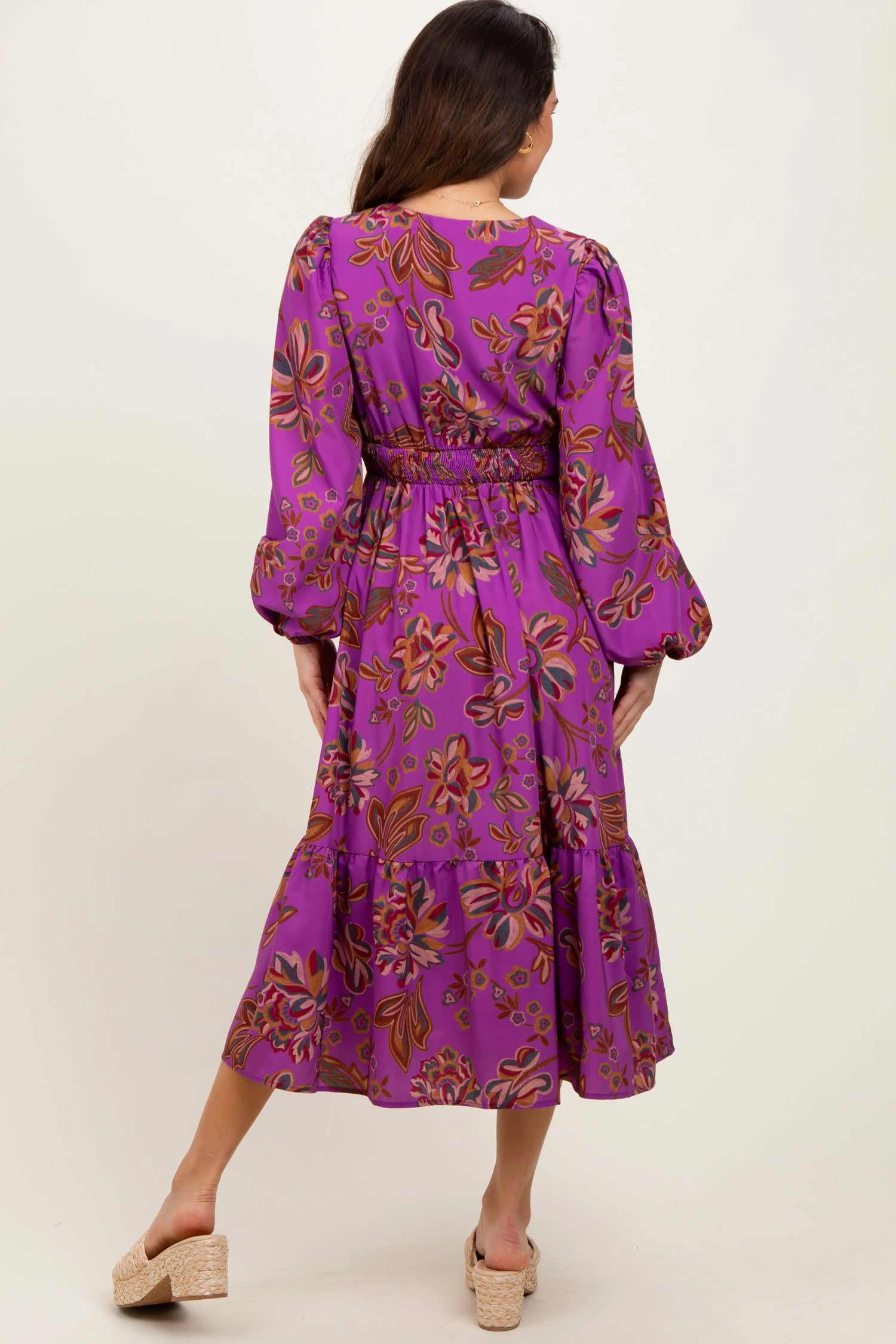 Plum Floral Smocked Waist Long Sleeve Midi Dress PinkBlush 