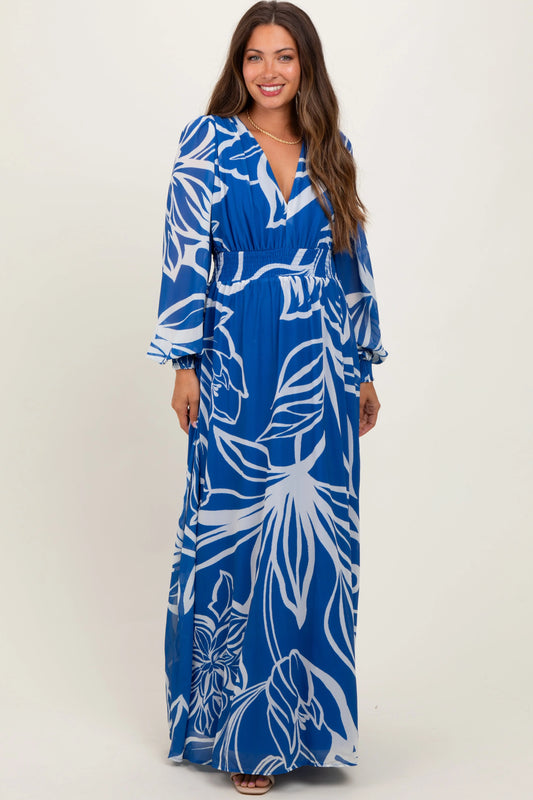 Navy Floral Smocked Waist Long Sleeve Maternity Maxi Dress PinkBlush
