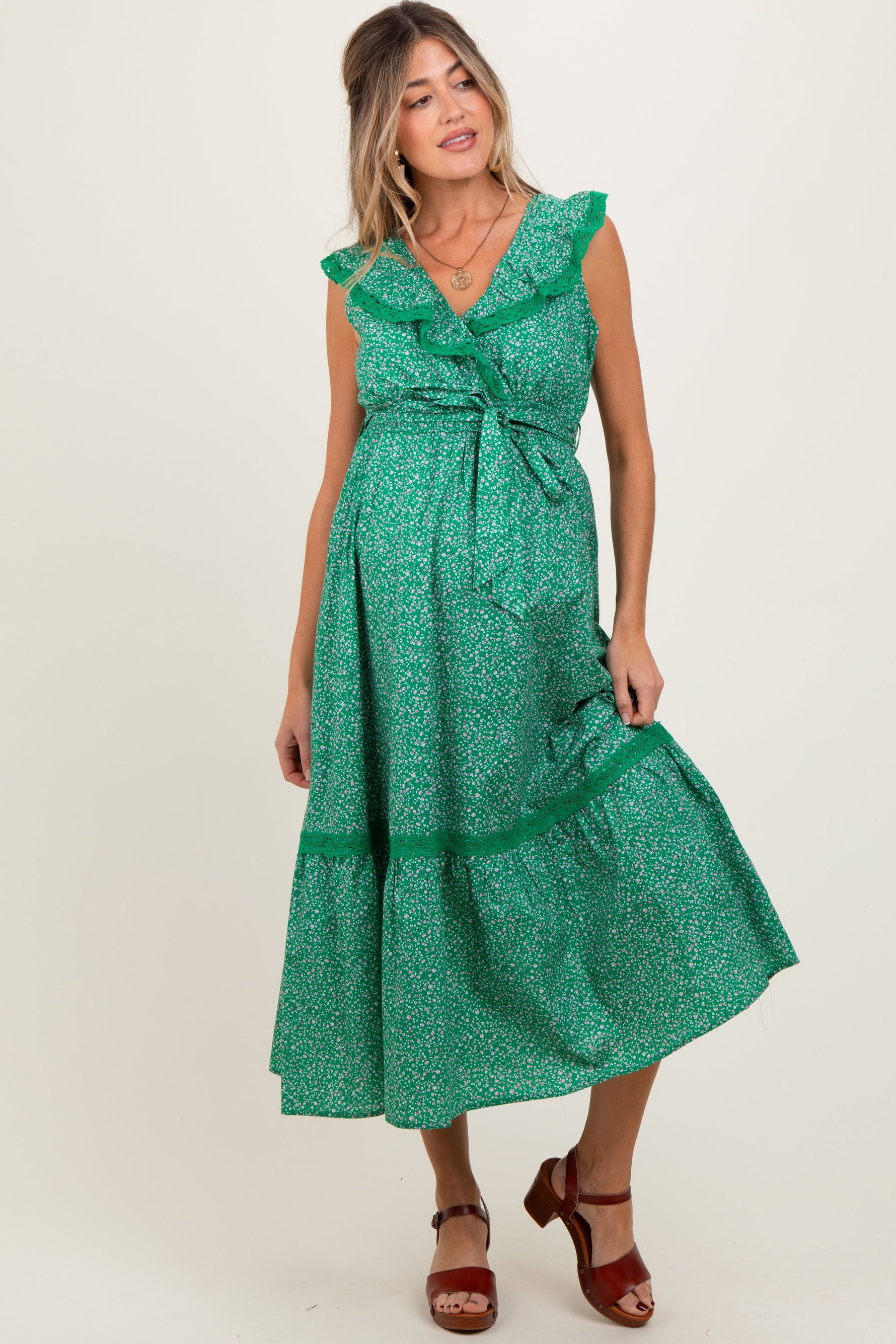 Green Ruffled Floral Cotton Maternity Maxi Dress by PinkBlush at Everetts Place