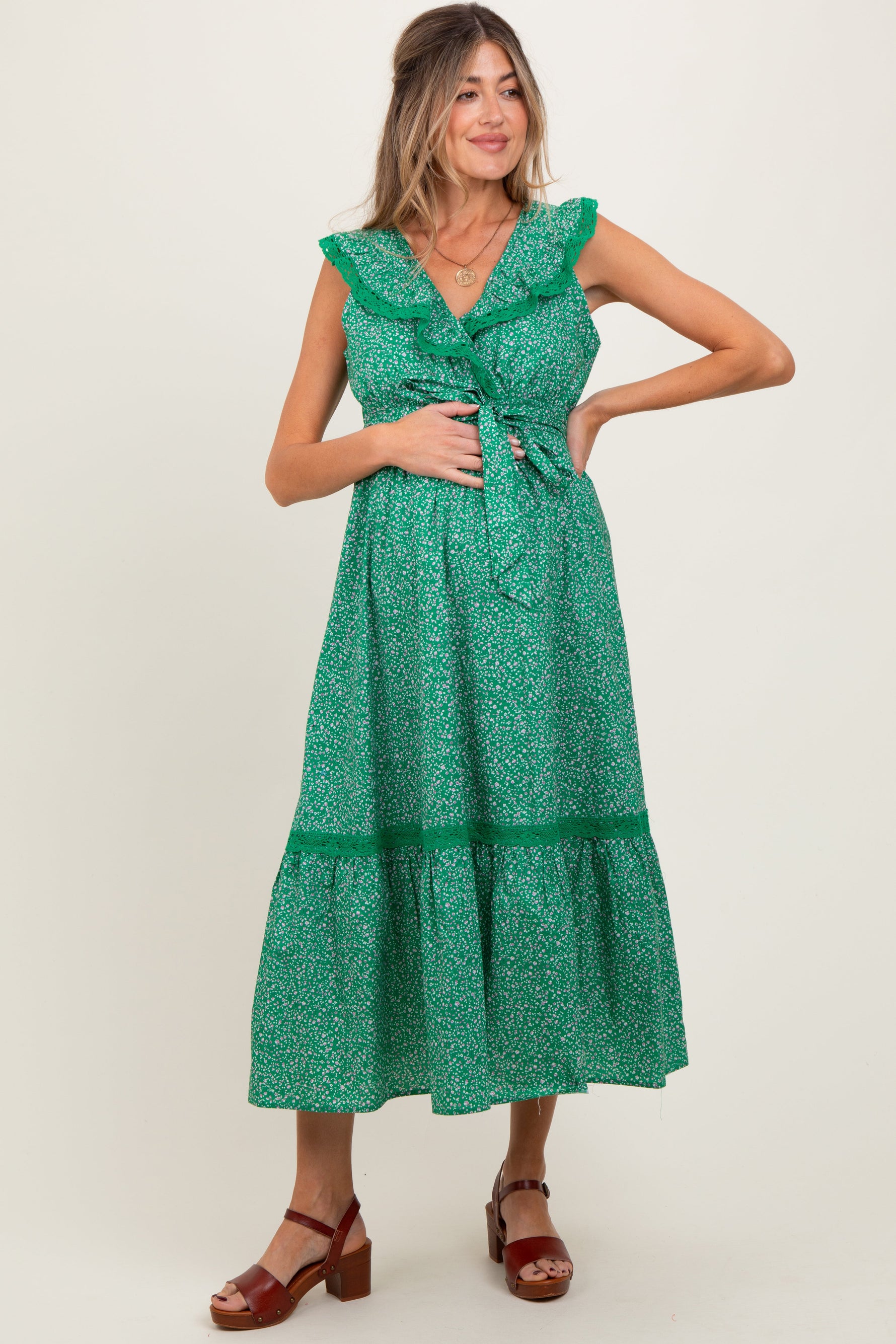 Green Ruffled Floral Cotton Maternity Maxi Dress by PinkBlush at Everetts Place