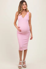 PinkBlush Chic Light Pink Striped Sleeveless Fitted Maternity Midi Dress for Moms - Apparel & Accessories > Clothing > Maternity Clothing > Maternity Dresses Apparel & Accessories > Clothing > Dresses