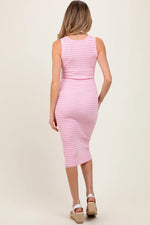 PinkBlush Chic Light Pink Striped Sleeveless Fitted Maternity Midi Dress for Moms - Apparel & Accessories > Clothing > Maternity Clothing > Maternity Dresses Apparel & Accessories > Clothing > Dresses