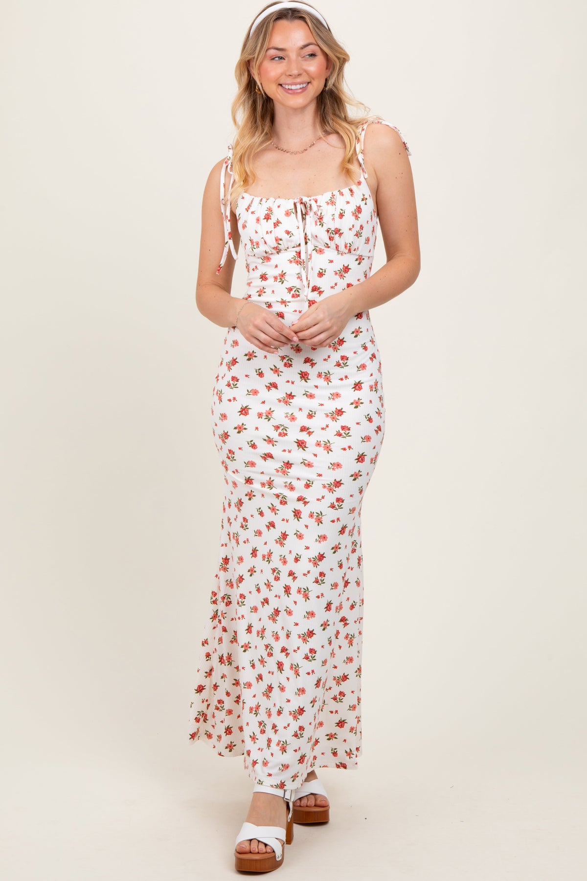 Red Ribbed Floral Shoulder Tie Maternity Maxi Dress by PinkBlush (view 6 of 6)