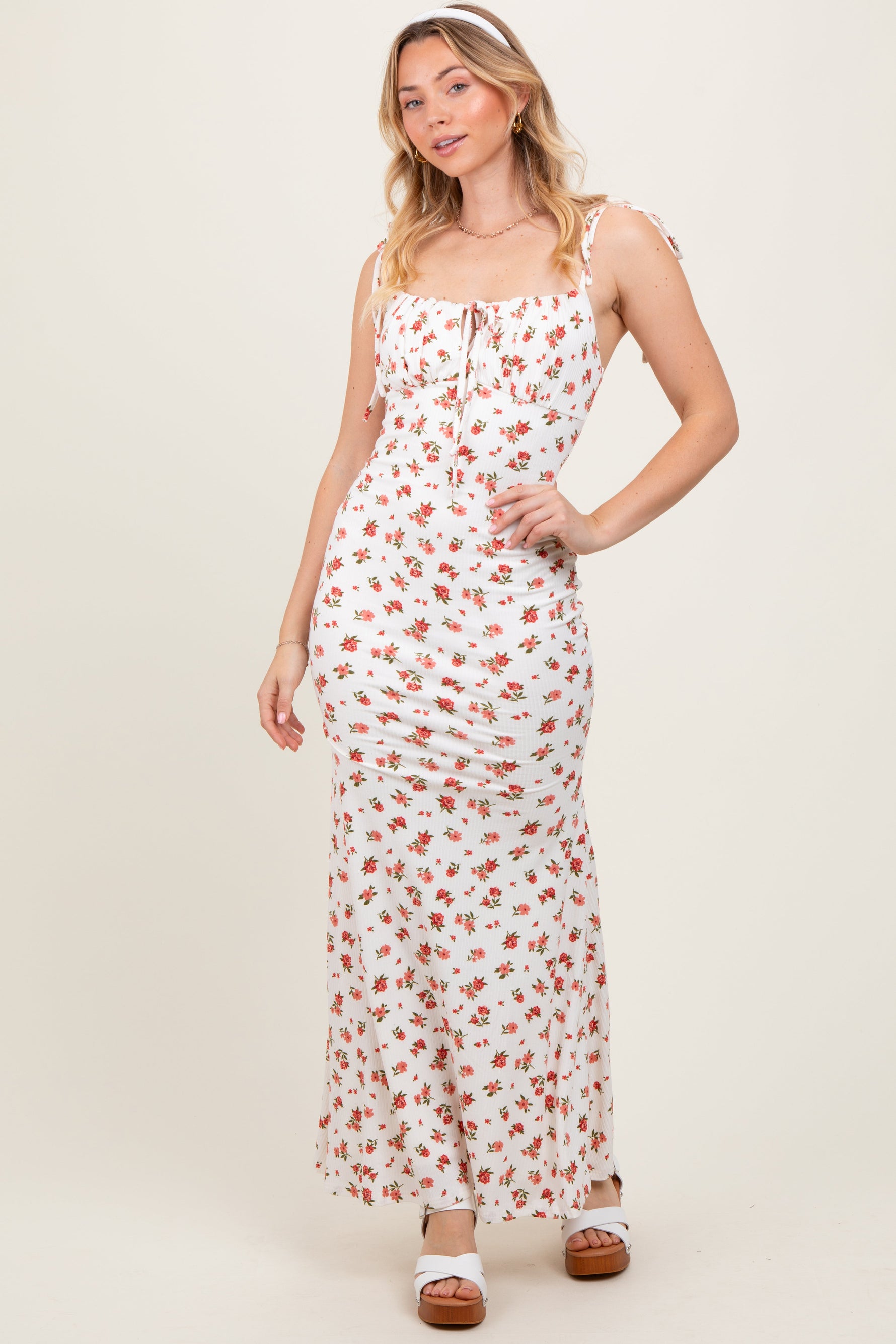Red Ribbed Floral Shoulder Tie Maxi Dress by PinkBlush at Everetts Place