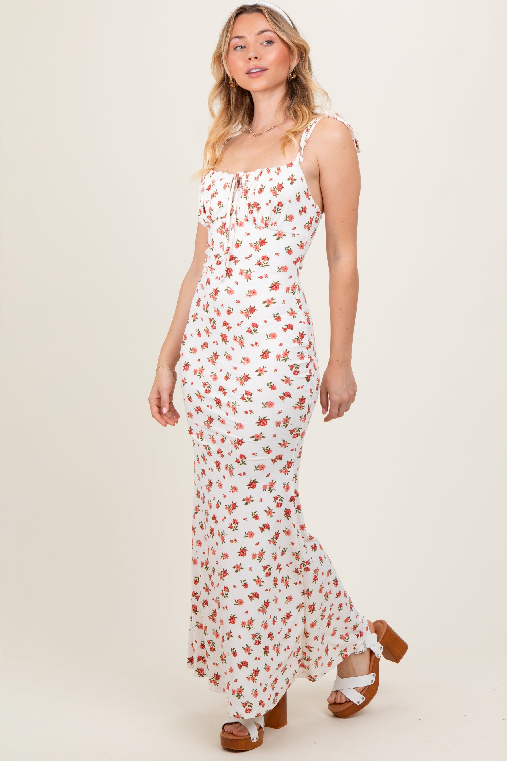 Red Ribbed Floral Shoulder Tie Maxi Dress by PinkBlush at Everetts Place