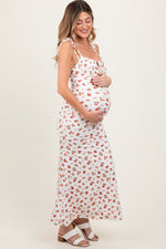 Red Ribbed Floral Shoulder Tie Maternity Maxi Dress by PinkBlush (view 3 of 6)