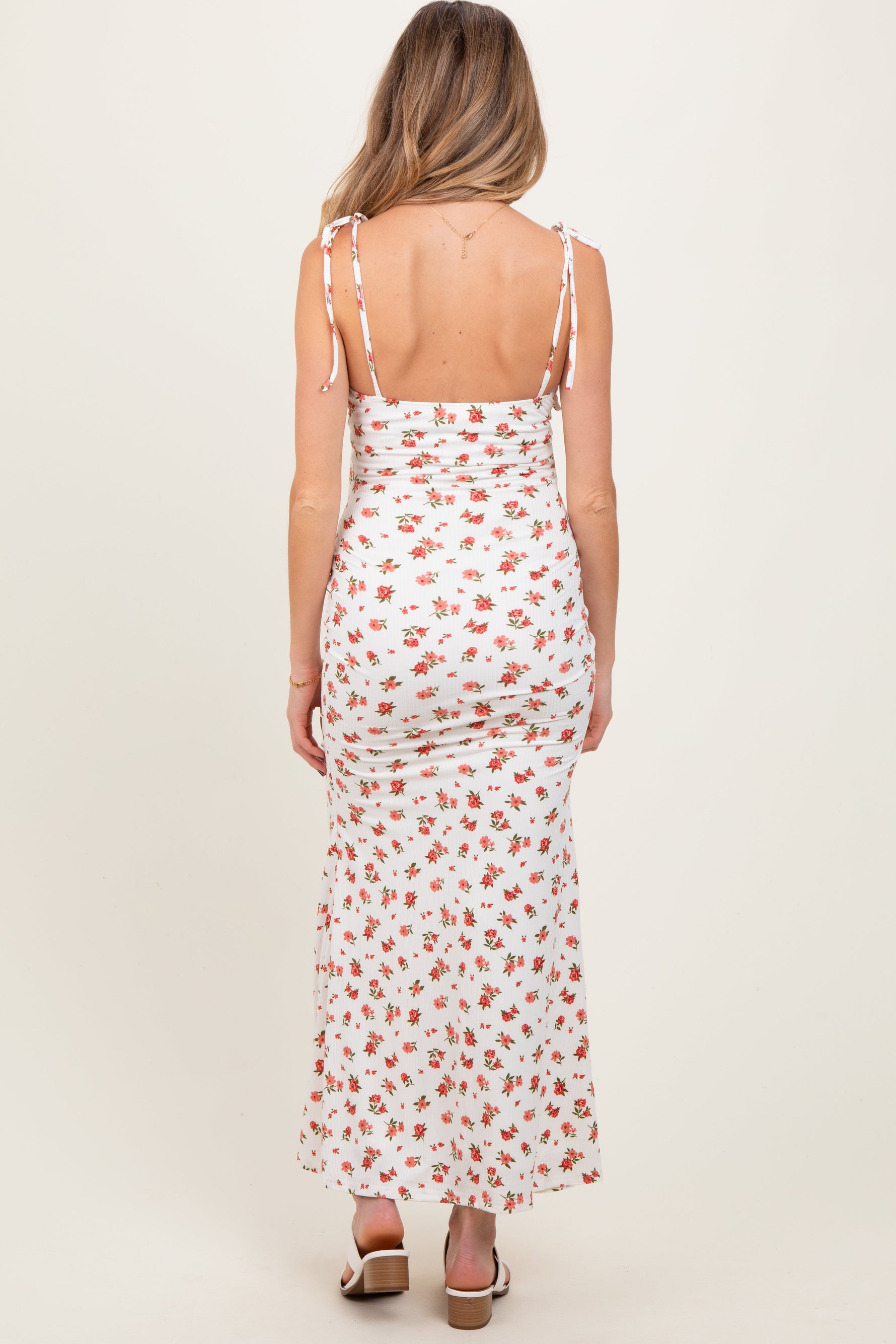 Red Ribbed Floral Shoulder Tie Maternity Maxi Dress by PinkBlush at Everetts Place