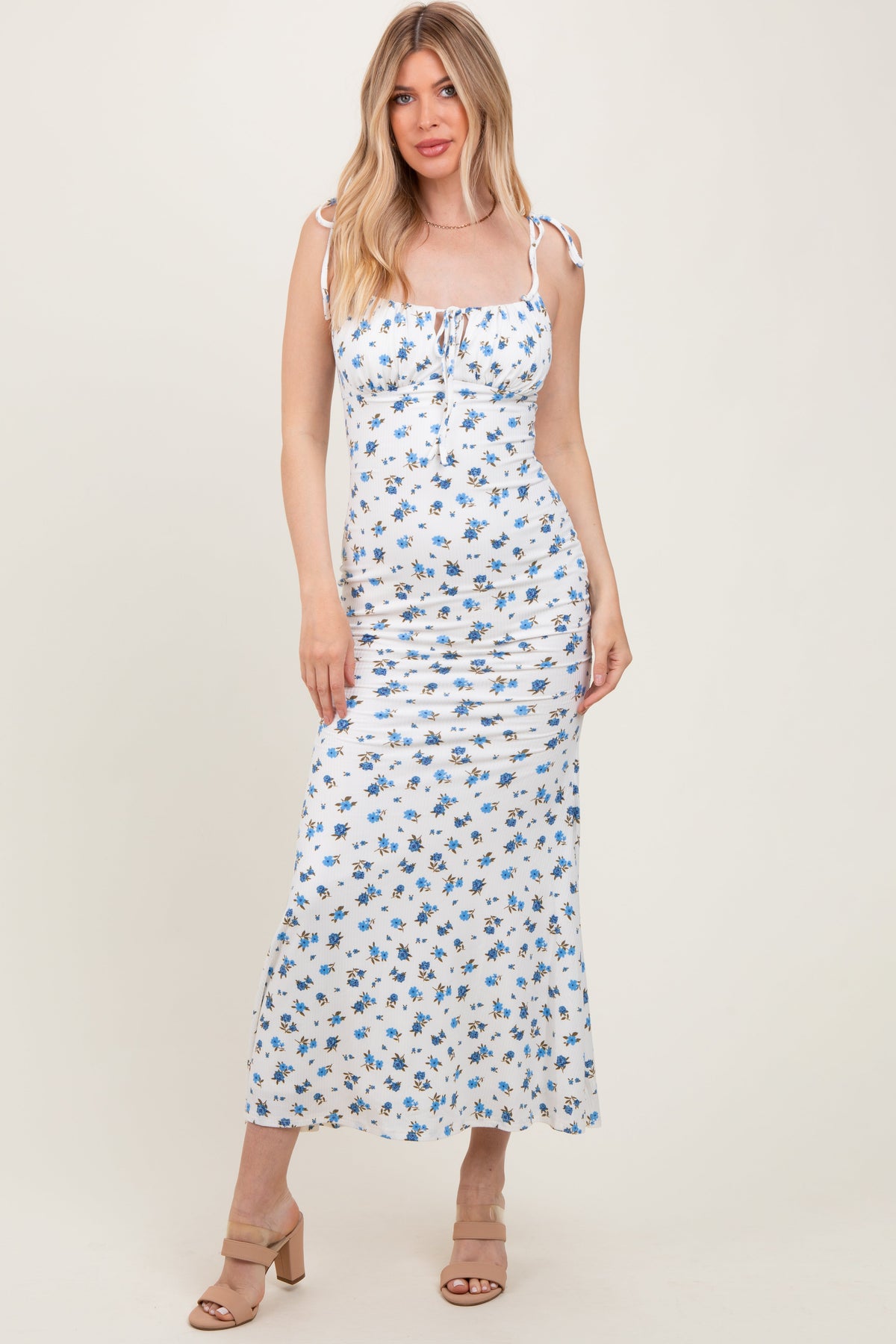 Blue Ribbed Floral Shoulder Tie Maxi Dress - Shoulder, Neck, One-piece garment, Day Dress, Fashion | Everetts Place