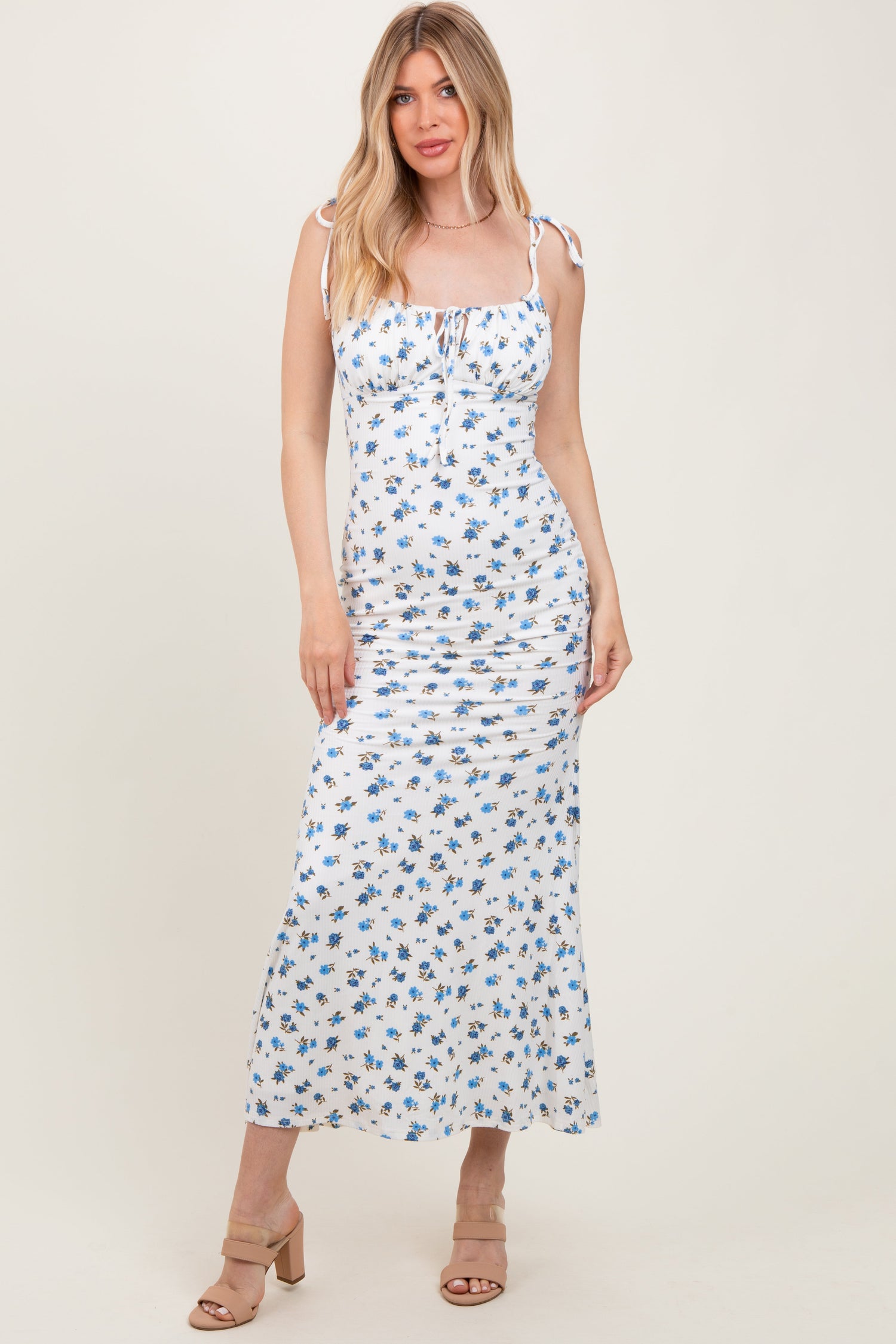 Blue Ribbed Floral Shoulder Tie Maxi Dress - Shoulder, Neck, One-piece garment, Day Dress, Fashion | Everetts Place