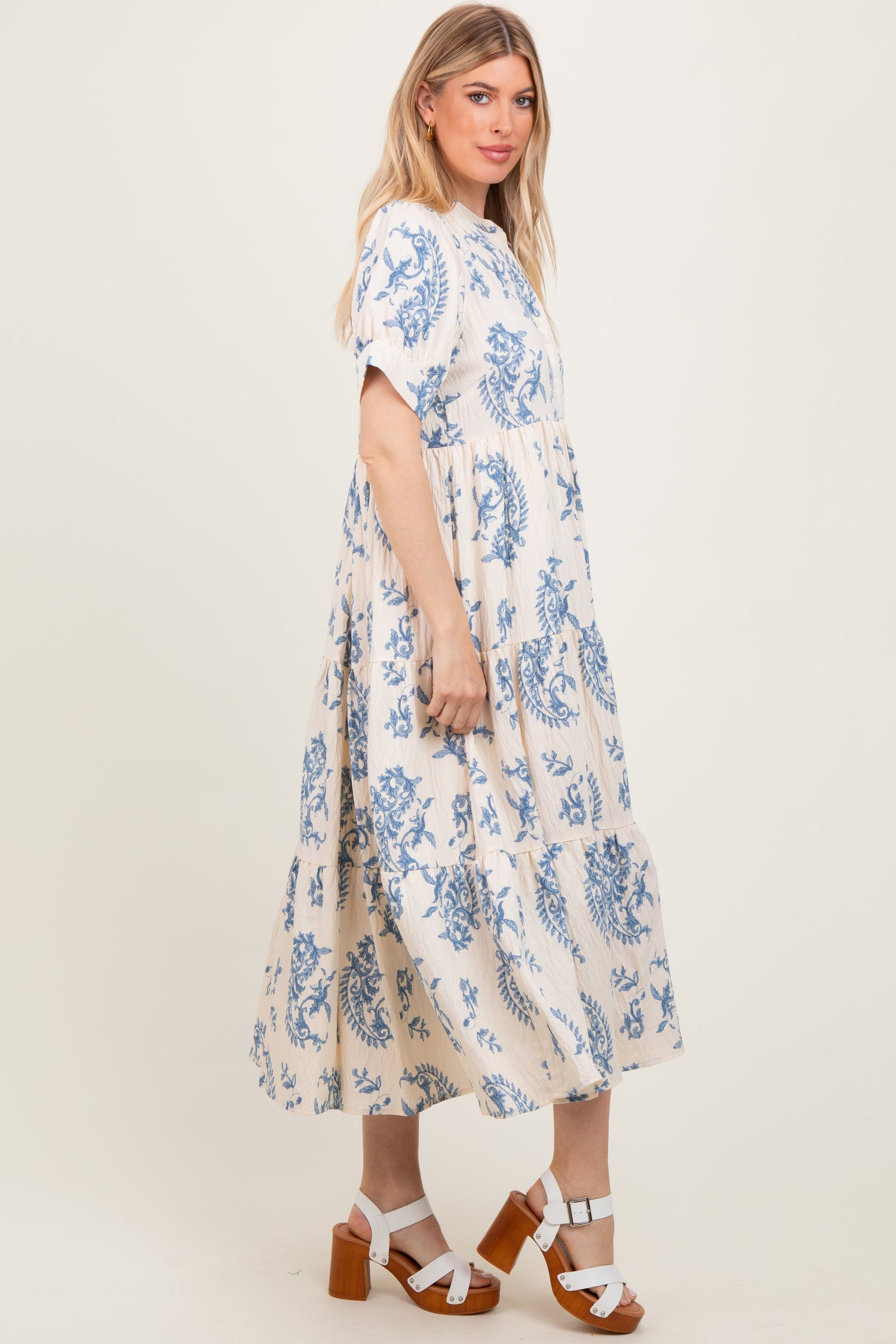 Blue Paisley Button Up Tiered Maxi Dress by PinkBlush at Everetts Place