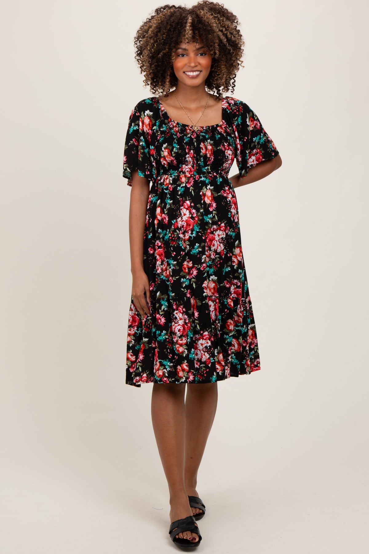 Black Floral Smocked Maternity Midi Dress by PinkBlush at Everetts Place