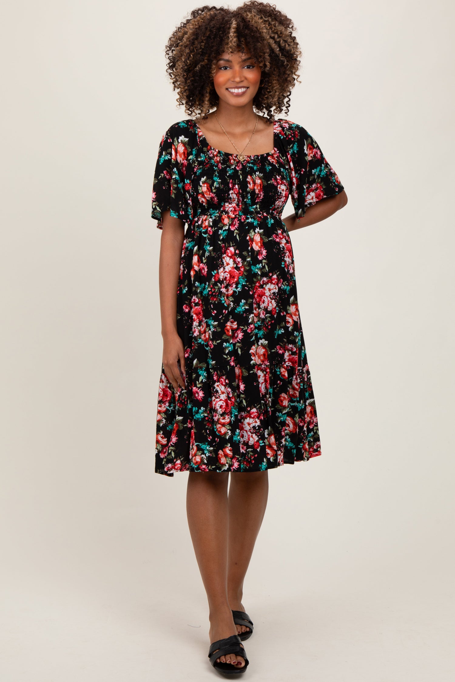 Black Floral Smocked Maternity Midi Dress by PinkBlush at Everetts Place