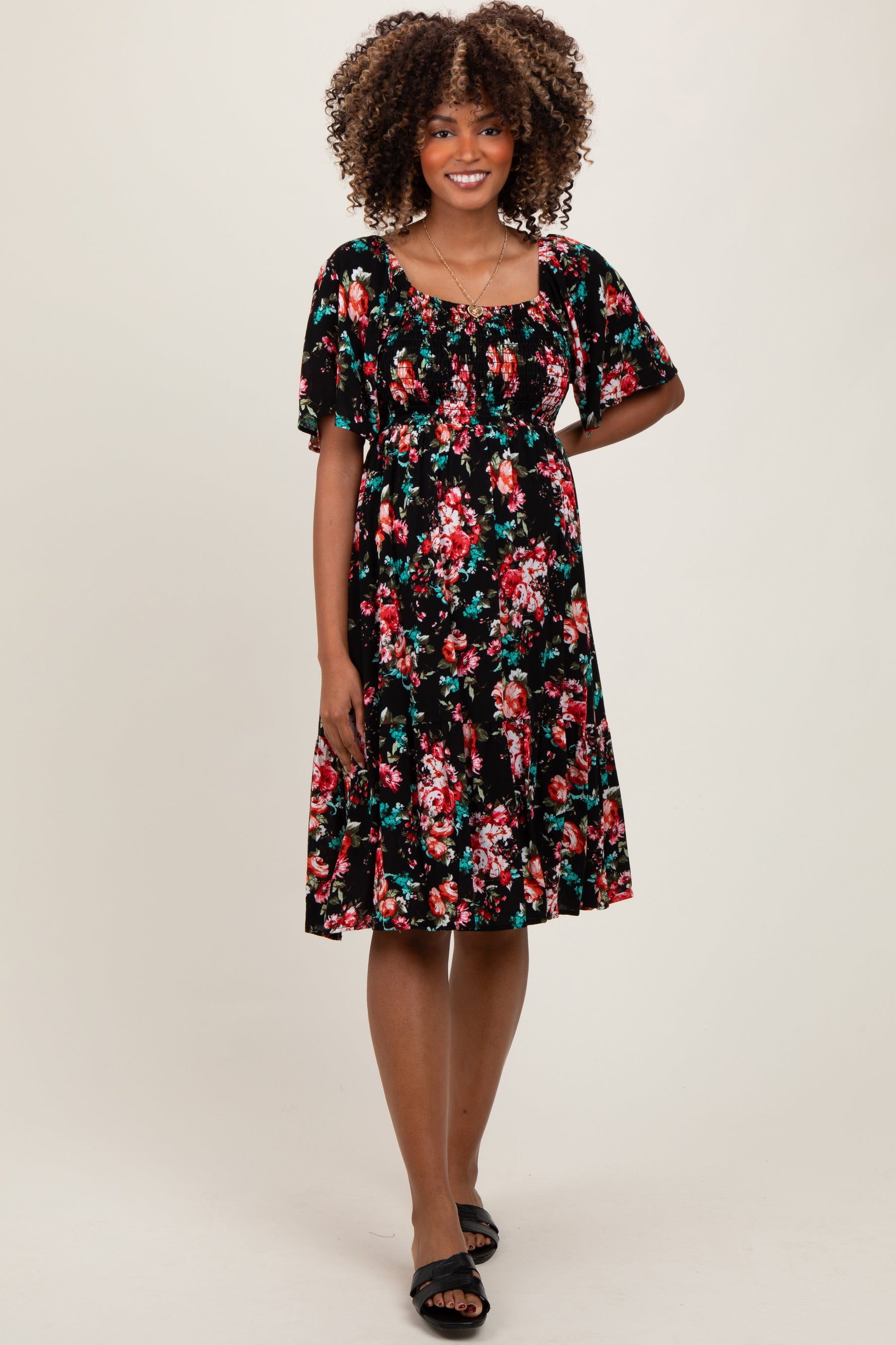 Black Floral Smocked Maternity Midi Dress by PinkBlush at Everetts Place