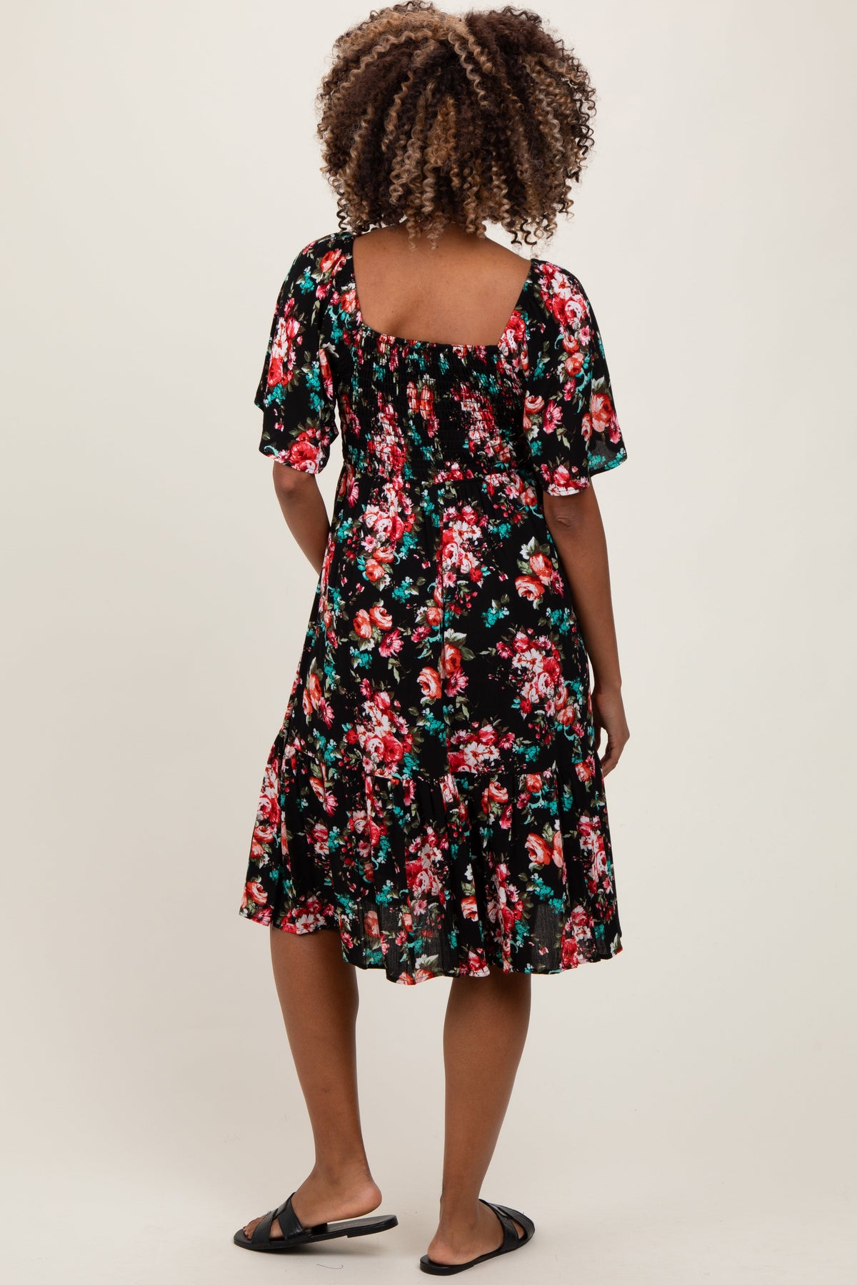 Black Floral Smocked Maternity Midi Dress by PinkBlush at Everetts Place