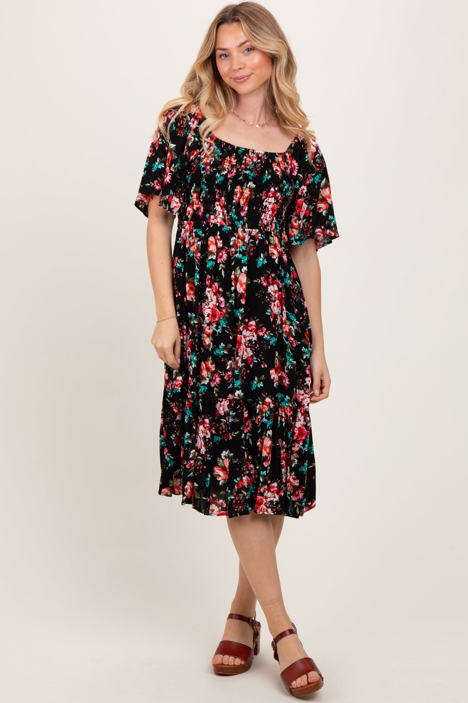 Black Floral Smocked Midi Dress by PinkBlush at Everetts Place
