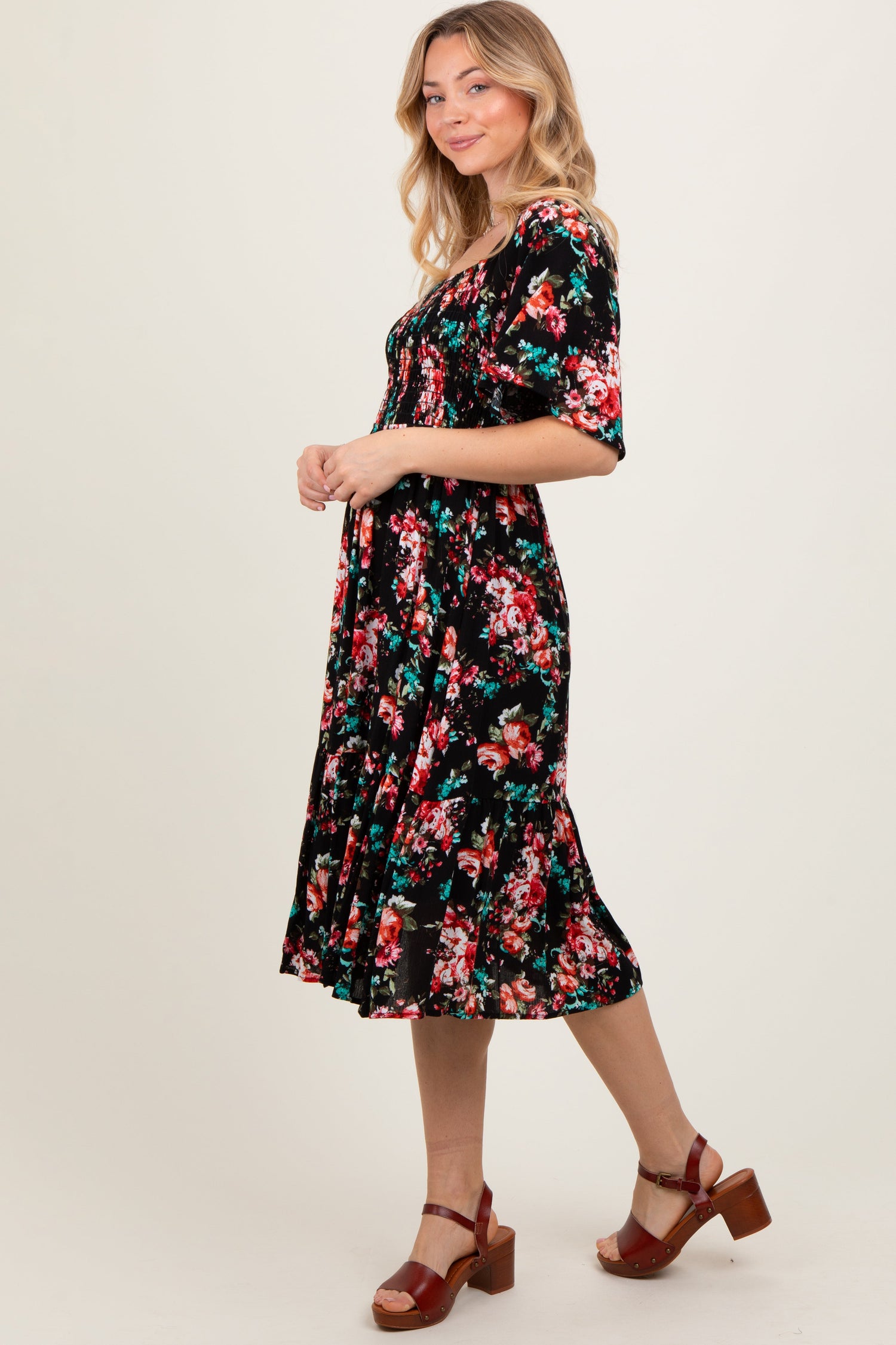 Black Floral Smocked Midi Dress by PinkBlush at Everetts Place