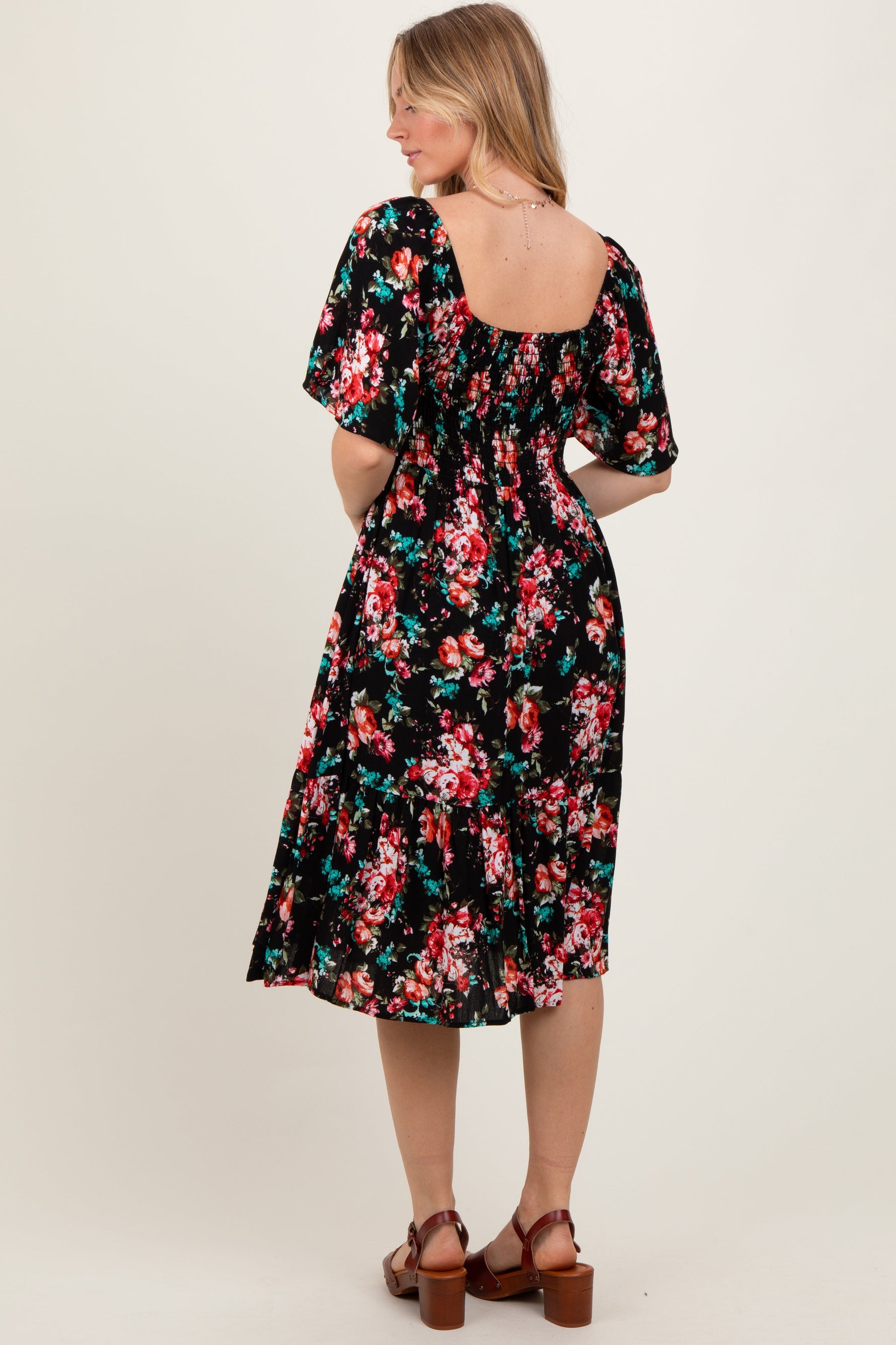 Black Floral Smocked Midi Dress by PinkBlush at Everetts Place