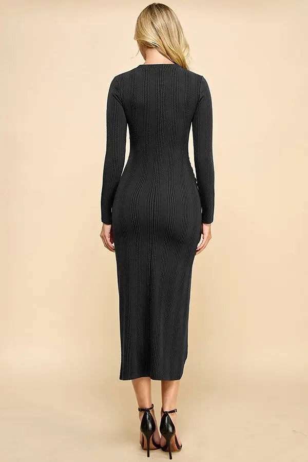 Black Crew Neck Side Ruching Deep Slit Midi Dress PinkBlush