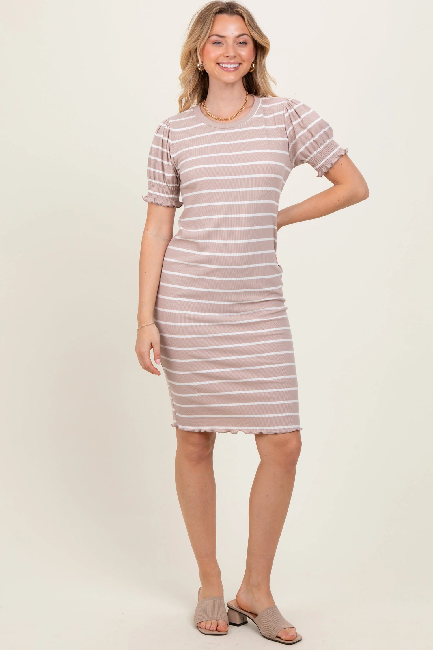 PinkBlush Taupe Striped Short Sleeve T Shirt Dress for Stylish Women - Apparel & Accessories > Clothing > Dresses