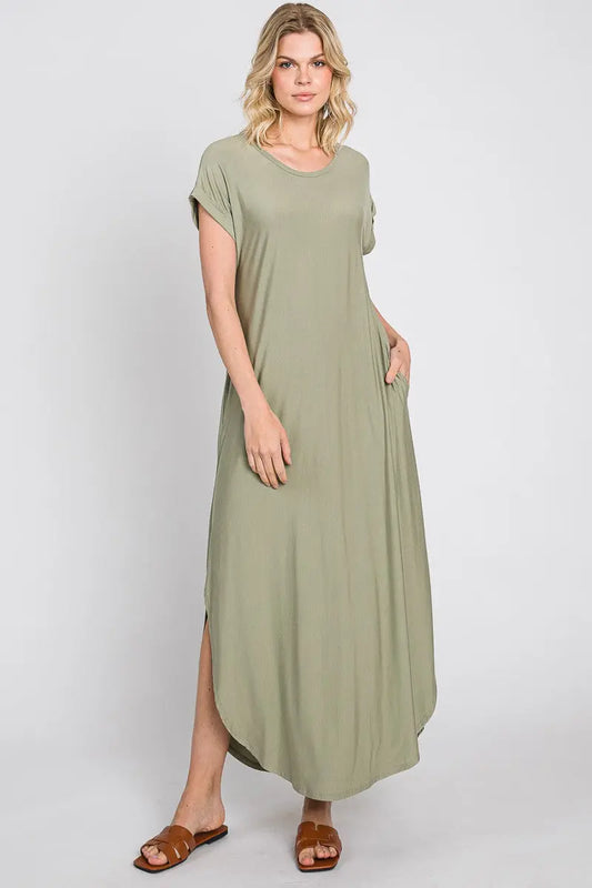 Light Olive Round Hem Side Slit Maxi Dress With Functional Pockets PinkBlush