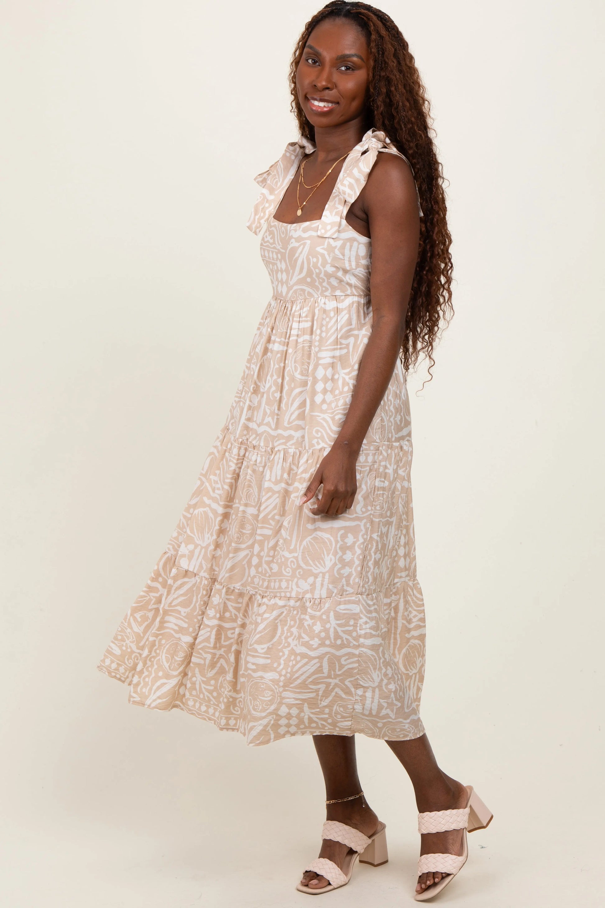 PinkBlush Beige Printed Midi Dress with Tie Straps for Casual Elegant Women - Apparel & Accessories > Clothing > Dresses Apparel & Accessories > Clothing > Dresses