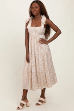PinkBlush Beige Printed Midi Dress with Tie Straps for Casual Elegant Women - Apparel & Accessories > Clothing > Dresses Apparel & Accessories > Clothing > Dresses