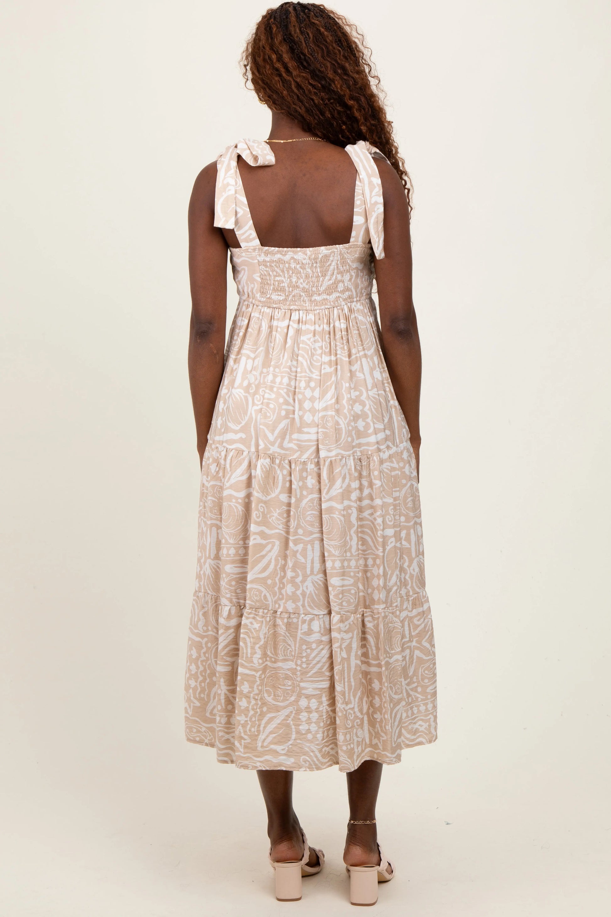 PinkBlush Beige Printed Midi Dress with Tie Straps for Casual Elegant Women - Apparel & Accessories > Clothing > Dresses Apparel & Accessories > Clothing > Dresses