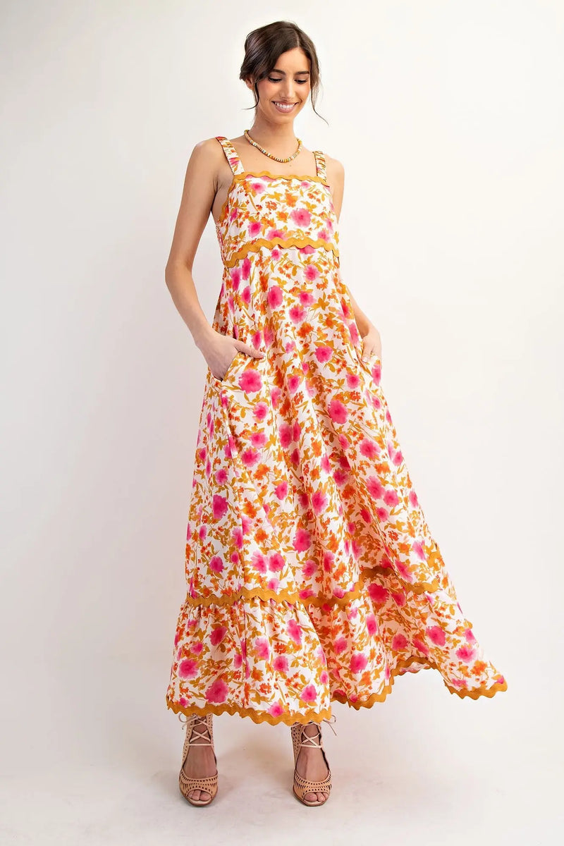 Peach Floral Contrast Wavy Trim Maxi Dress PinkBlush