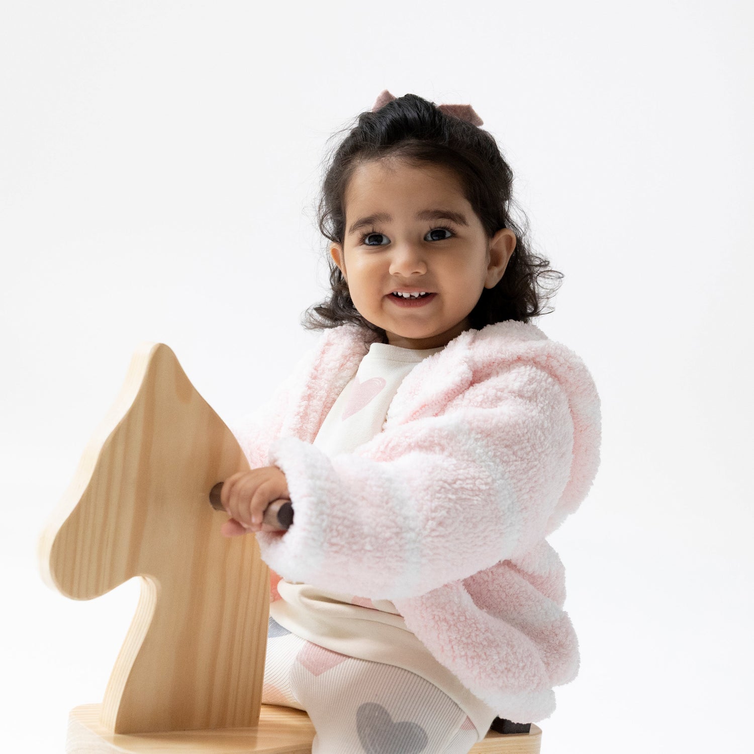 Chenille hooded baby jacket in pretty pink and ivory stripes
