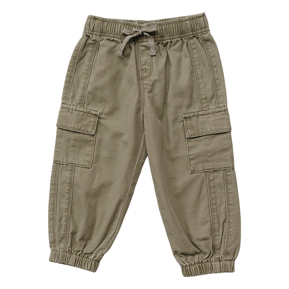 Green cargo pants for a baby with classic cargo pockets and a relaxed fit.