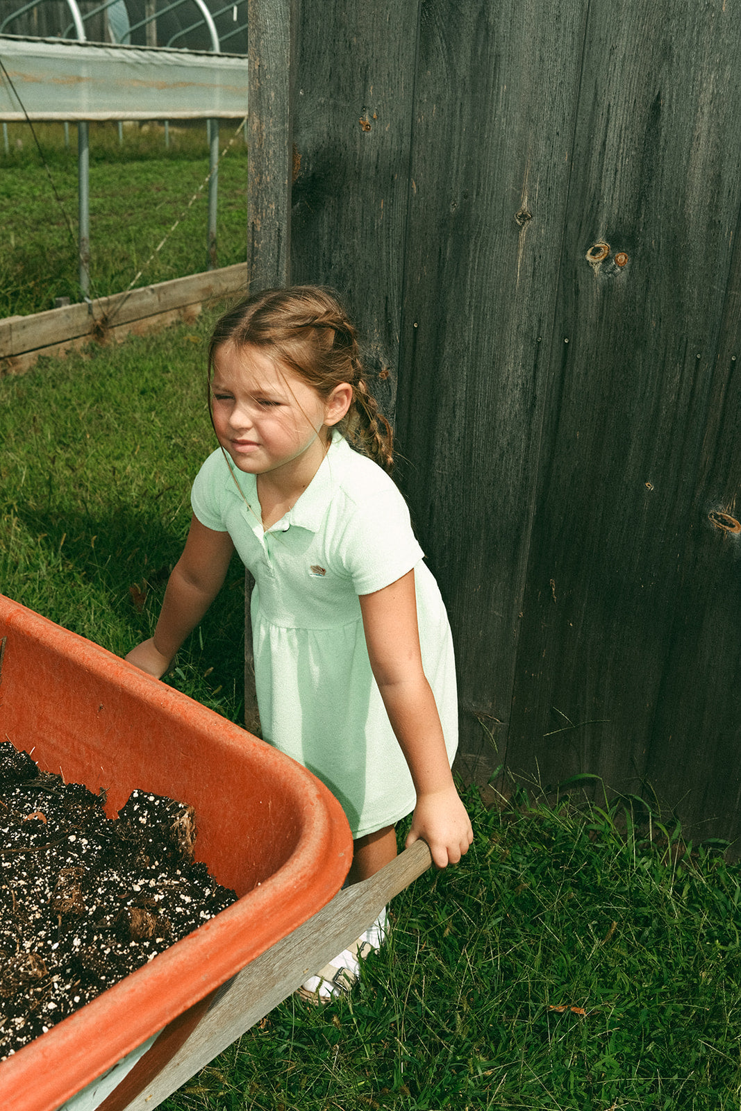 Elouise Dress Celery Terry Cloth Short Sleeve Collar Button Flared Skirt Kids by Crew Kids NY at Everetts Place