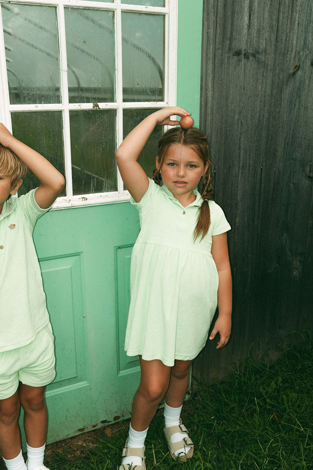 Elouise Dress Celery Terry Cloth Short Sleeve Collar Button Flared Skirt Kids by Crew Kids NY at Everetts Place