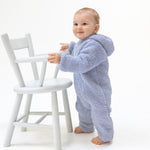 Dusty blue chenille hooded baby romper with a full front zipper and attached hood