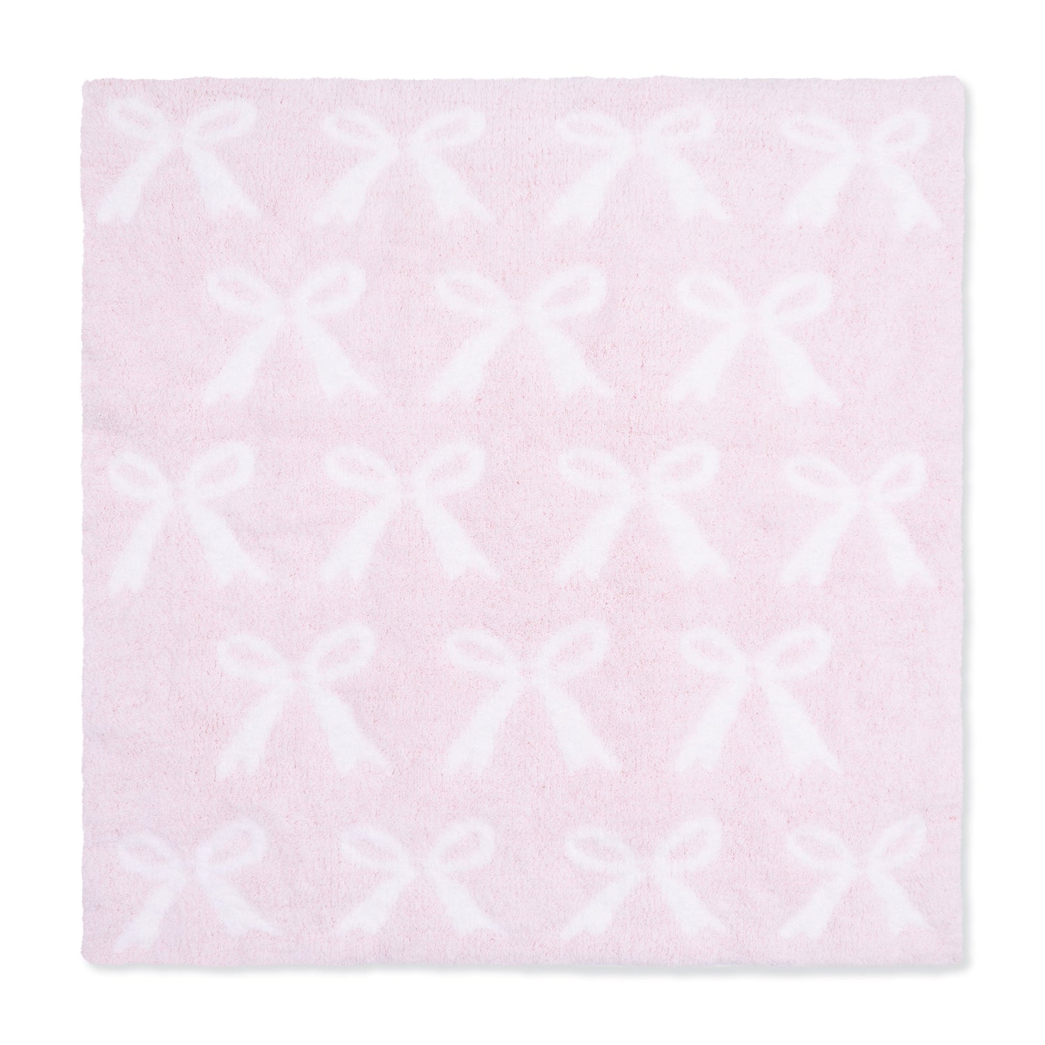 Baby blanket in baby pink chenille with an all-over bow pattern