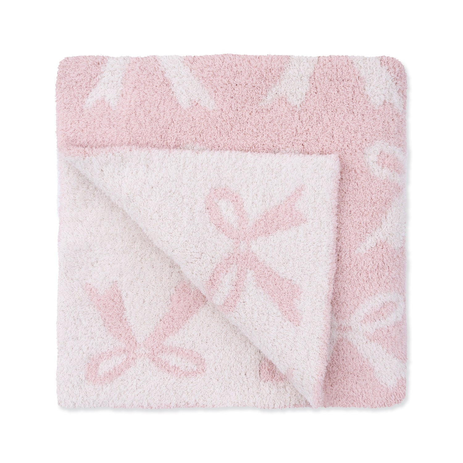 Soft blush chenille baby blanket with a bow accent