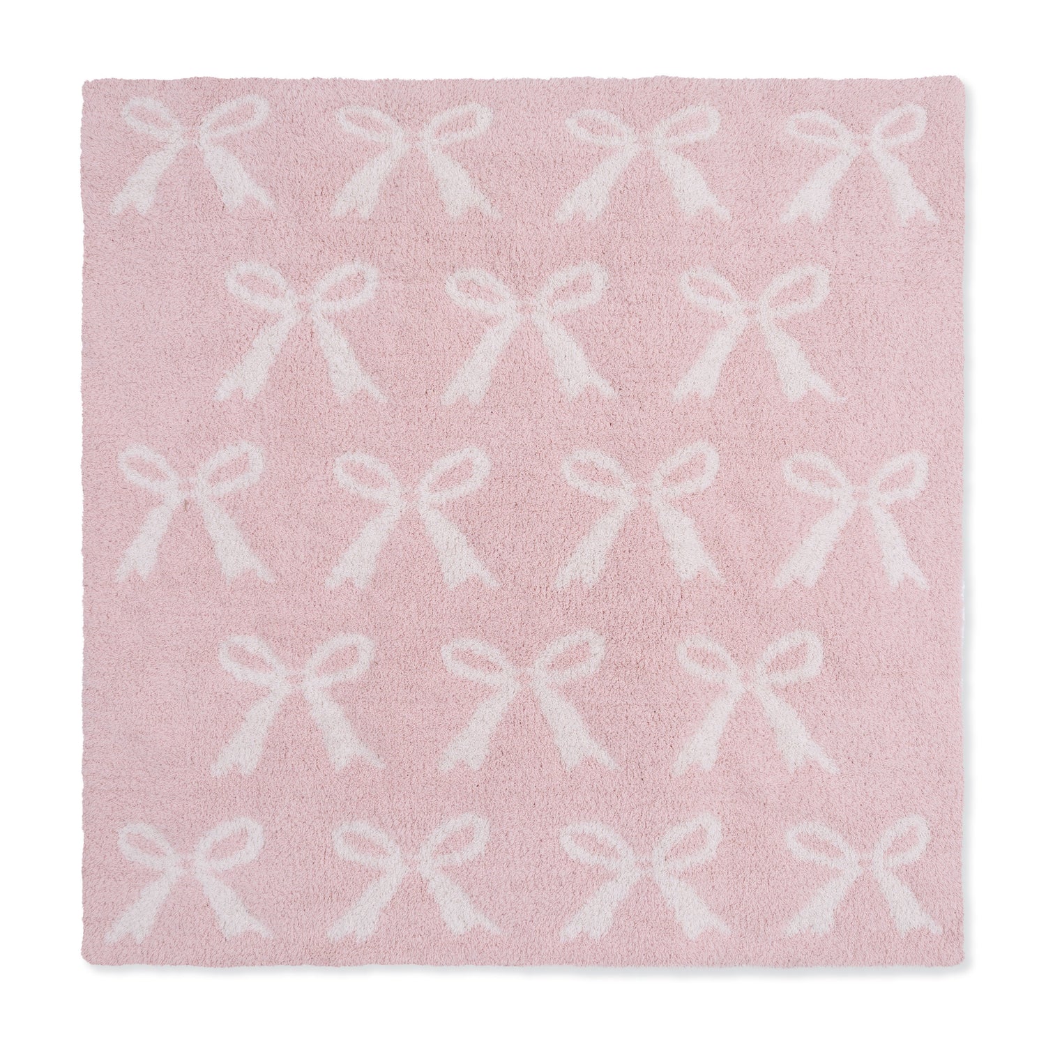 Blush chenille baby blanket with a bow design, folded to show its soft plush texture.
