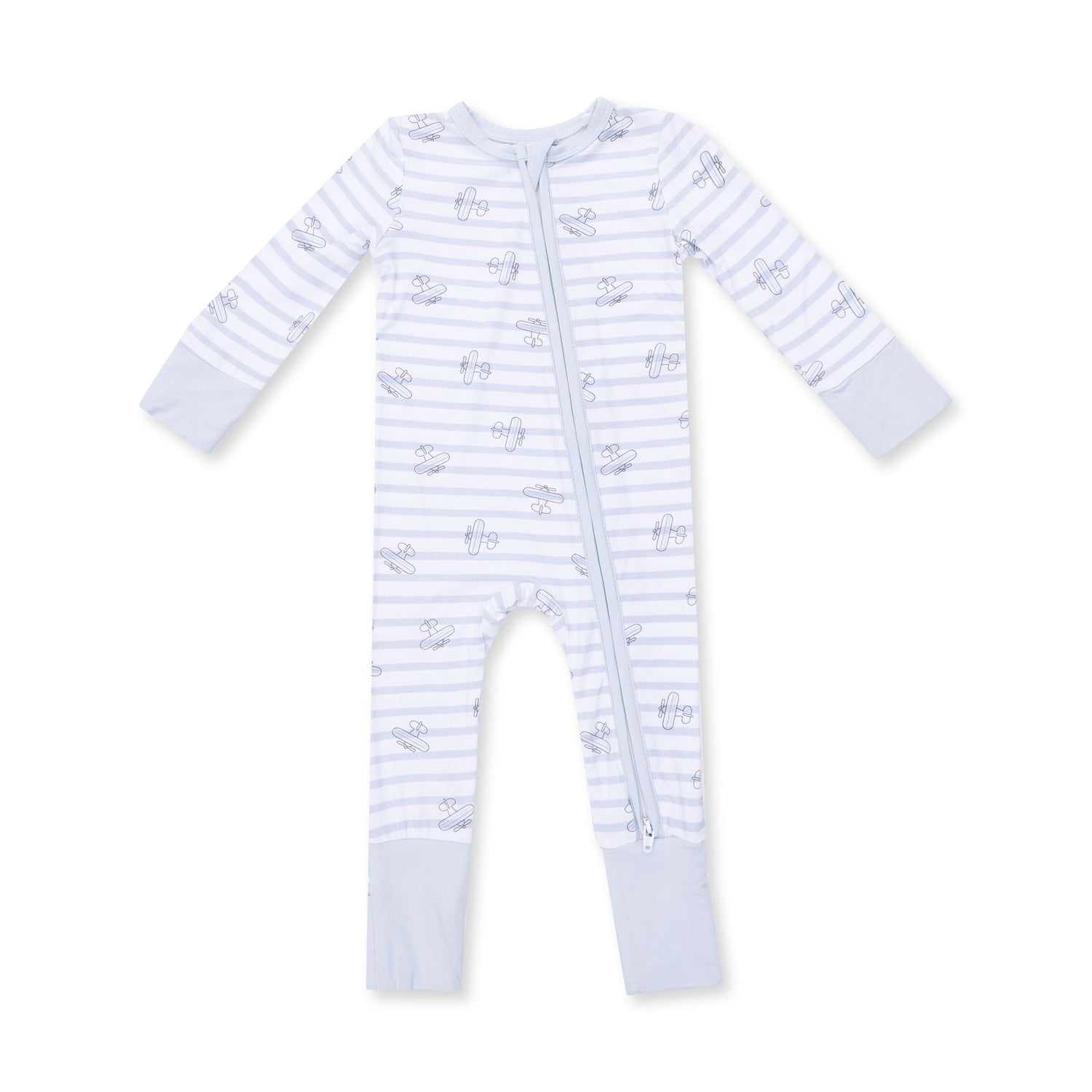 Convertible romper in an airplane stripe print with a full-length zipper and covered foot cuffs.