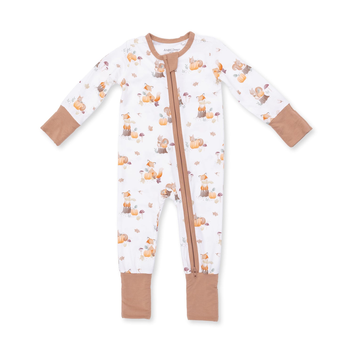 Convertible romper with a woodland animals and pumpkins print, two-way zipper, and covered foot grippers