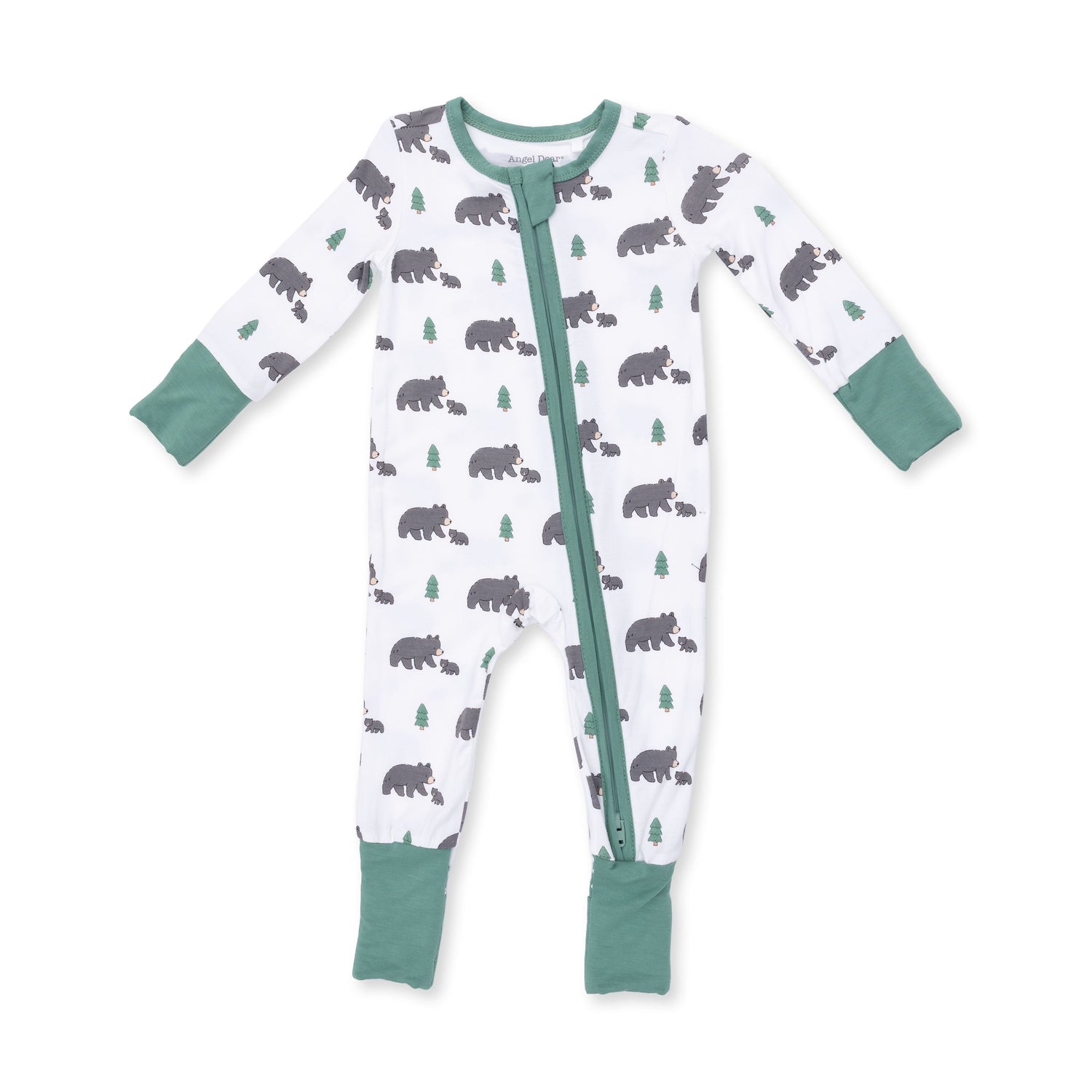 Convertible romper in a black bear print with a two-way zipper, foot grippers, and fold-over cuffs.