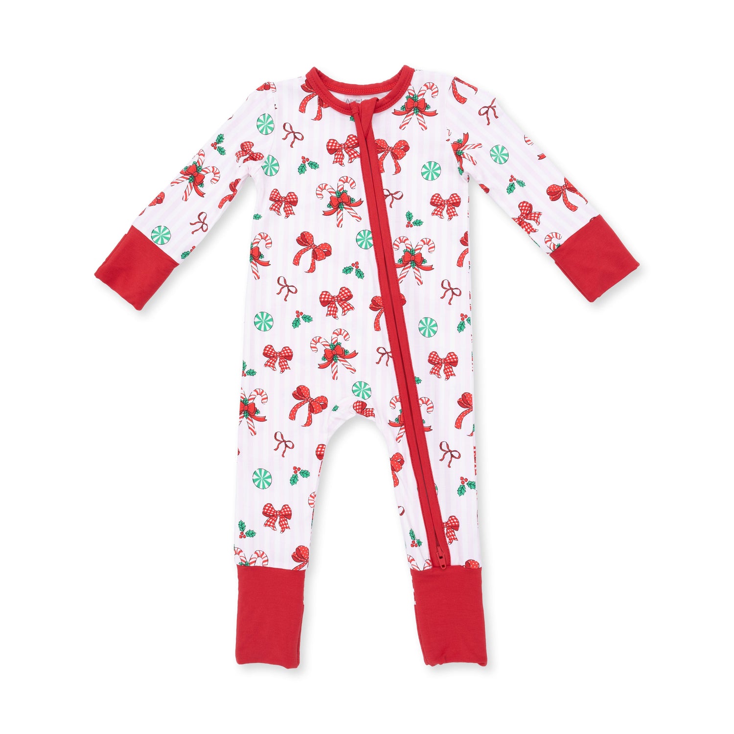 Baby convertible zip romper with footed legs in a red bows and candy canes print on white