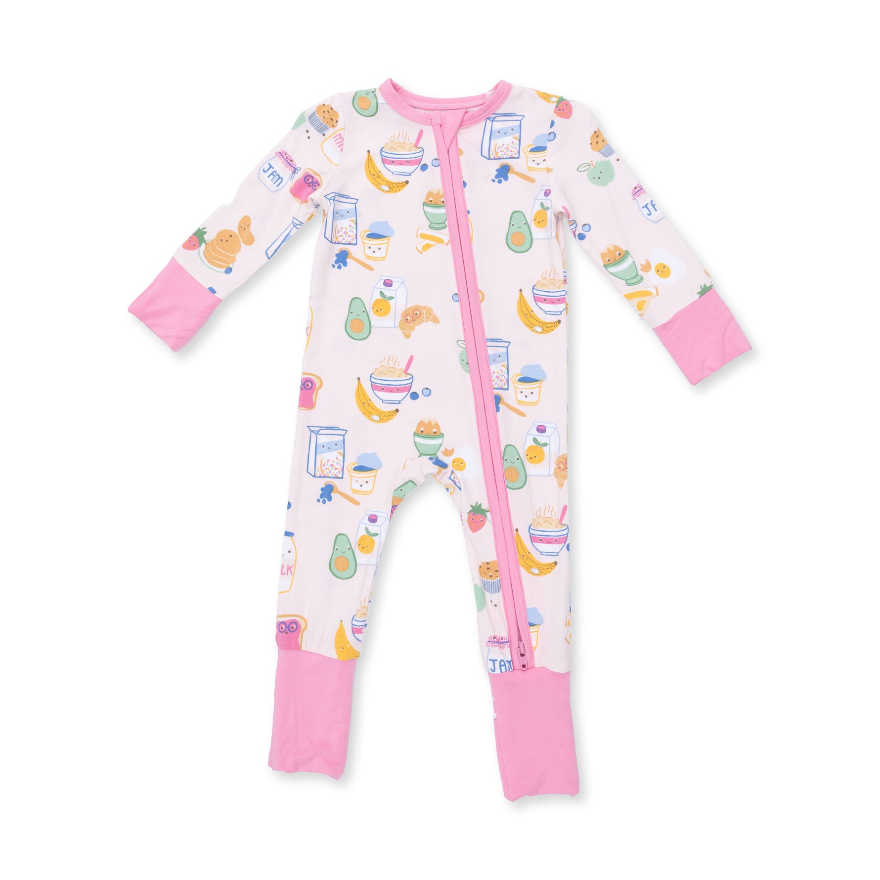 Pink convertible baby romper with breakfast food print, two-way zipper and covered feet