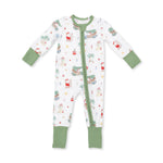 Baby convertible romper with beach Christmas print, two-way zipper front and fold-over foot cuffs